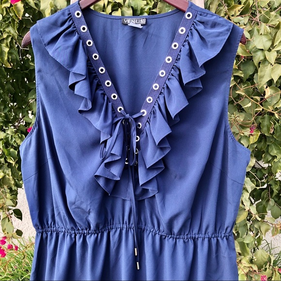 VENUS NAVY RUFFLE LACE UP MINI DRESS - Picture 4 of 8